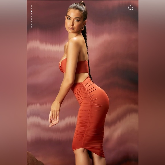 Ruched Asymmetric Midi Dress in Rust - Picture 6 of 7